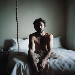 A man is tied up in bed with ropes