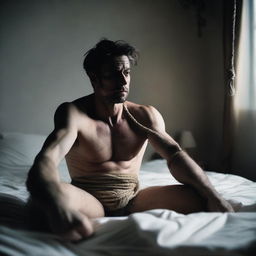 A man is tied up in bed with ropes