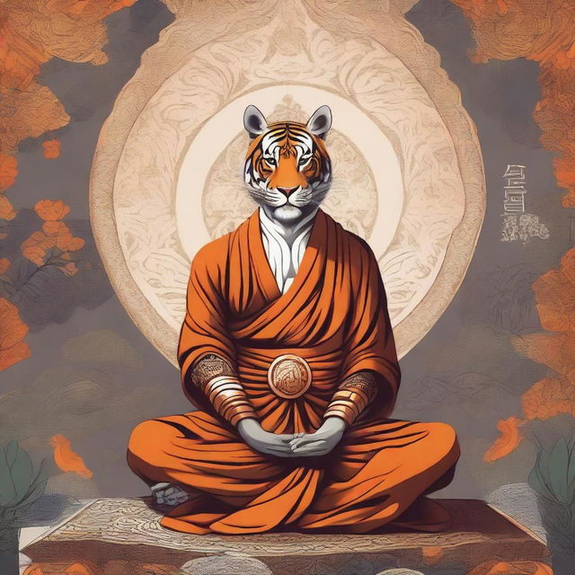 A detailed illustration of a Rakshasa monk dressed in traditional monk robes, performing a meditative pose in a serene, mystical setting