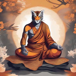 A detailed illustration of a Rakshasa monk dressed in traditional monk robes, performing a meditative pose in a serene, mystical setting