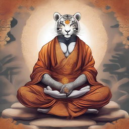 A detailed illustration of a Rakshasa monk dressed in traditional monk robes, performing a meditative pose in a serene, mystical setting