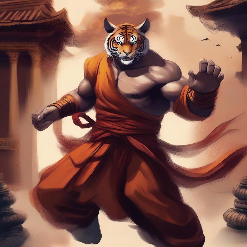 A detailed illustration of a Rakshasa fighter monk in a dynamic combat stance