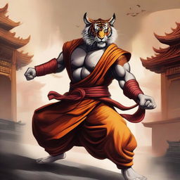 A detailed illustration of a Rakshasa fighter monk in a dynamic combat stance