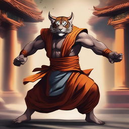 A detailed illustration of a Rakshasa fighter monk in a dynamic combat stance