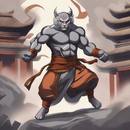 A detailed illustration of a gray Rakshasa fighter monk in a dynamic combat stance