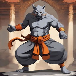 A detailed illustration of a gray Rakshasa fighter monk in a dynamic combat stance