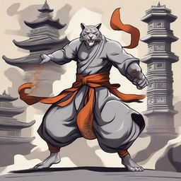 A detailed illustration of a gray Rakshasa fighter monk in a dynamic combat stance