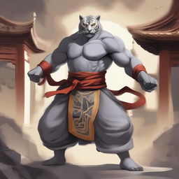 A detailed illustration of a gray Rakshasa fighter monk in a dynamic combat stance