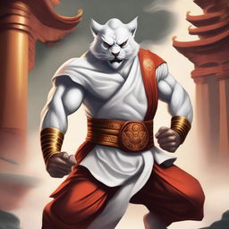 A detailed illustration of a white Rakshasa fighter monk in a dynamic combat stance