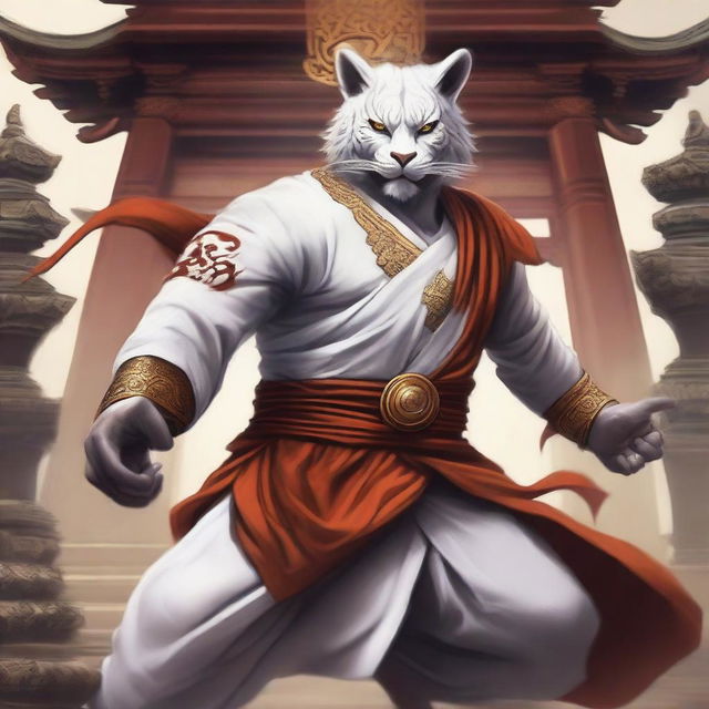 A detailed illustration of a white Rakshasa fighter monk in a dynamic combat stance