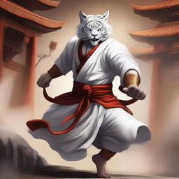 A detailed illustration of a white Rakshasa fighter monk in a dynamic combat stance