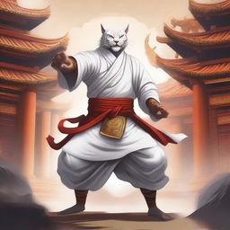 A detailed illustration of a white Rakshasa fighter monk in a dynamic combat stance