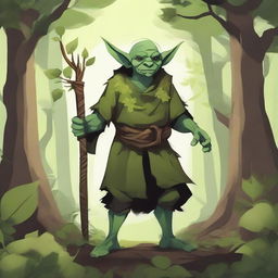 A detailed illustration of a goblin druid standing in a lush forest