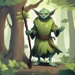 A detailed illustration of a goblin druid standing in a lush forest