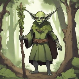 A detailed illustration of a goblin druid standing in a lush forest