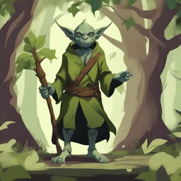 A detailed illustration of a goblin druid standing in a lush forest