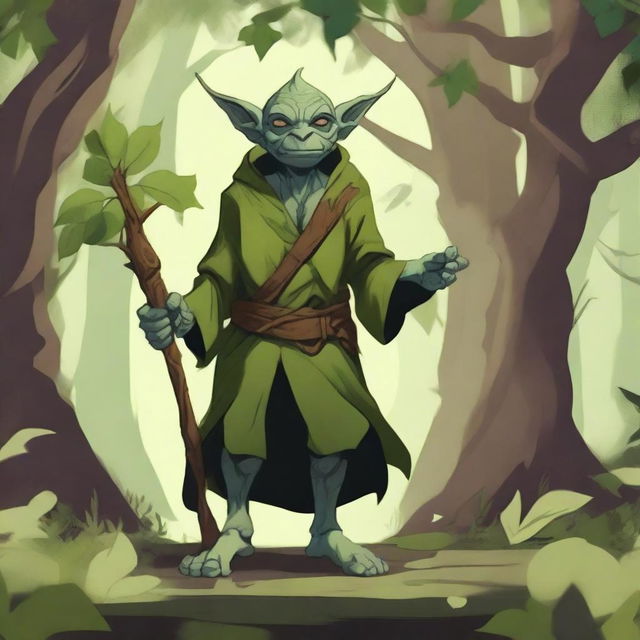 A detailed illustration of a goblin druid standing in a lush forest