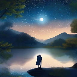 A romantic scene under a starry night sky, with a couple gazing into each other's eyes