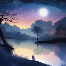 A romantic scene under a starry night sky, with a couple gazing into each other's eyes
