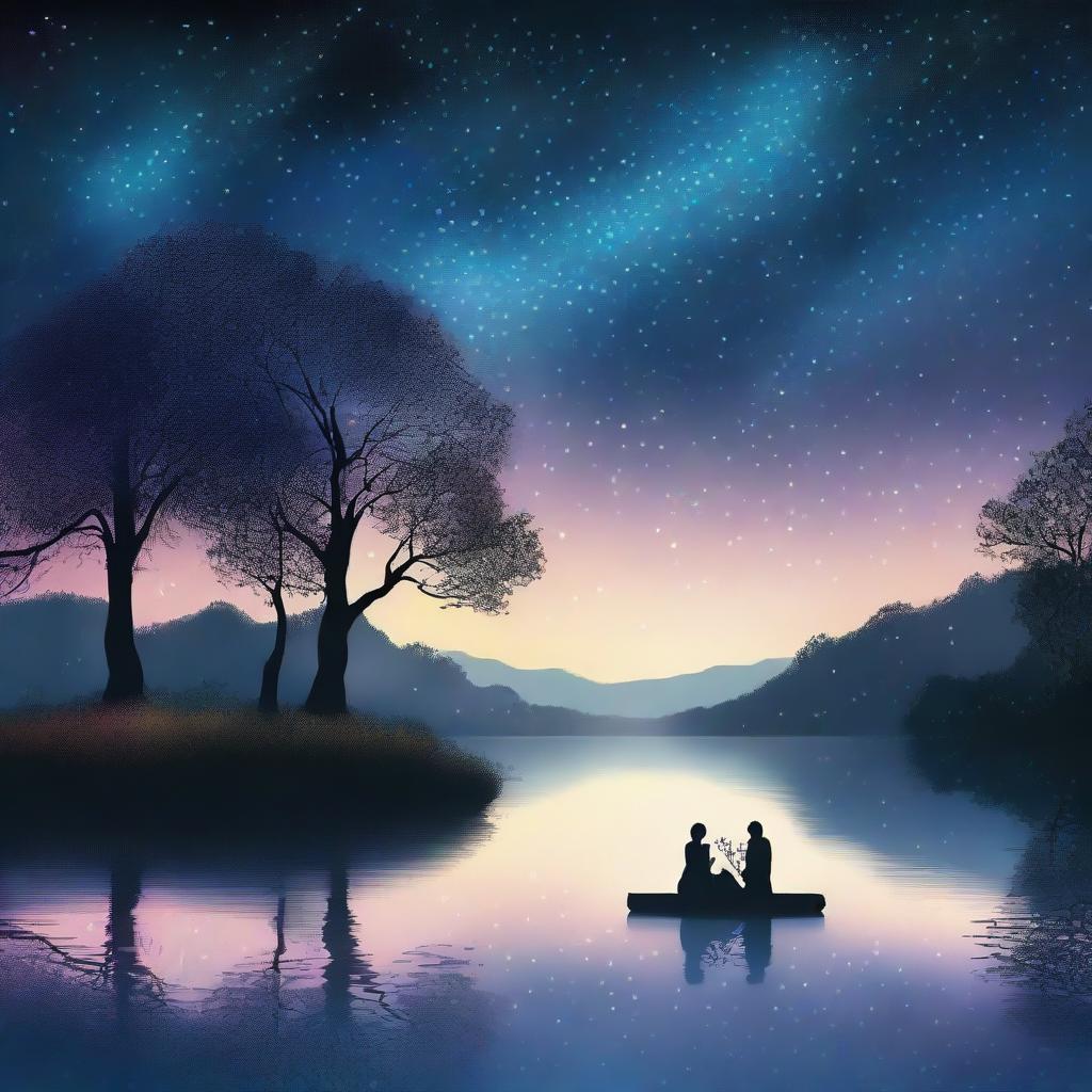 A romantic scene under a starry night sky, with a couple gazing into each other's eyes