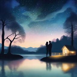 A romantic scene under a starry night sky, with a couple gazing into each other's eyes