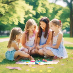 A group of young girls having fun together in a park on a sunny day, smiling and playing games