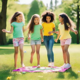 A group of young girls having fun together in a park on a sunny day, smiling and playing games