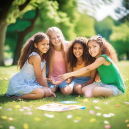 A group of young girls having fun together in a park on a sunny day, smiling and playing games