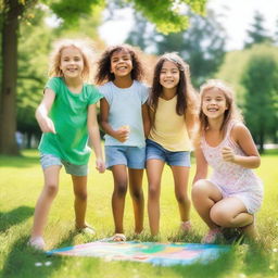 A group of young girls having fun together in a park on a sunny day, smiling and playing games