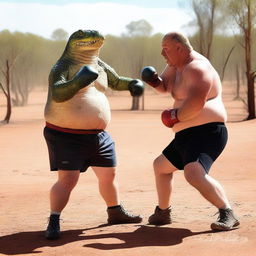 An overweight Australian man boxing with a crocodile in an outback setting