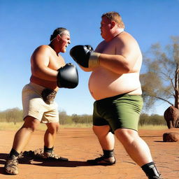 An overweight Australian man boxing with a crocodile in an outback setting