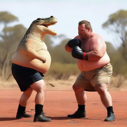 An overweight Australian man boxing with a crocodile in an outback setting