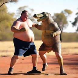 An overweight Australian man boxing with a crocodile in an outback setting