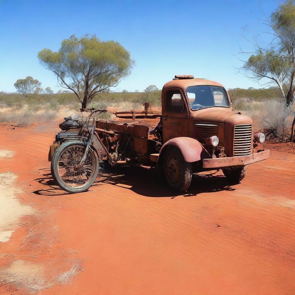 An old rusty truck towing a trike, traveling through the Australian outback