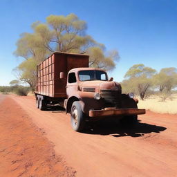 An old rusty truck towing a trike, traveling through the Australian outback