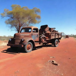 An old rusty truck towing a trike, traveling through the Australian outback