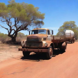 An old rusty truck towing a trike, traveling through the Australian outback