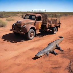 An old rusty truck towing a cage with a crocodile inside, traveling through the Australian outback