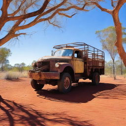 An old rusty truck towing a cage with a crocodile inside, traveling through the Australian outback