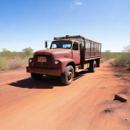 An old rusty truck towing a cage with a crocodile inside, traveling through the Australian outback