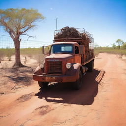 An old rusty truck towing a cage with a crocodile inside, traveling through the Australian outback