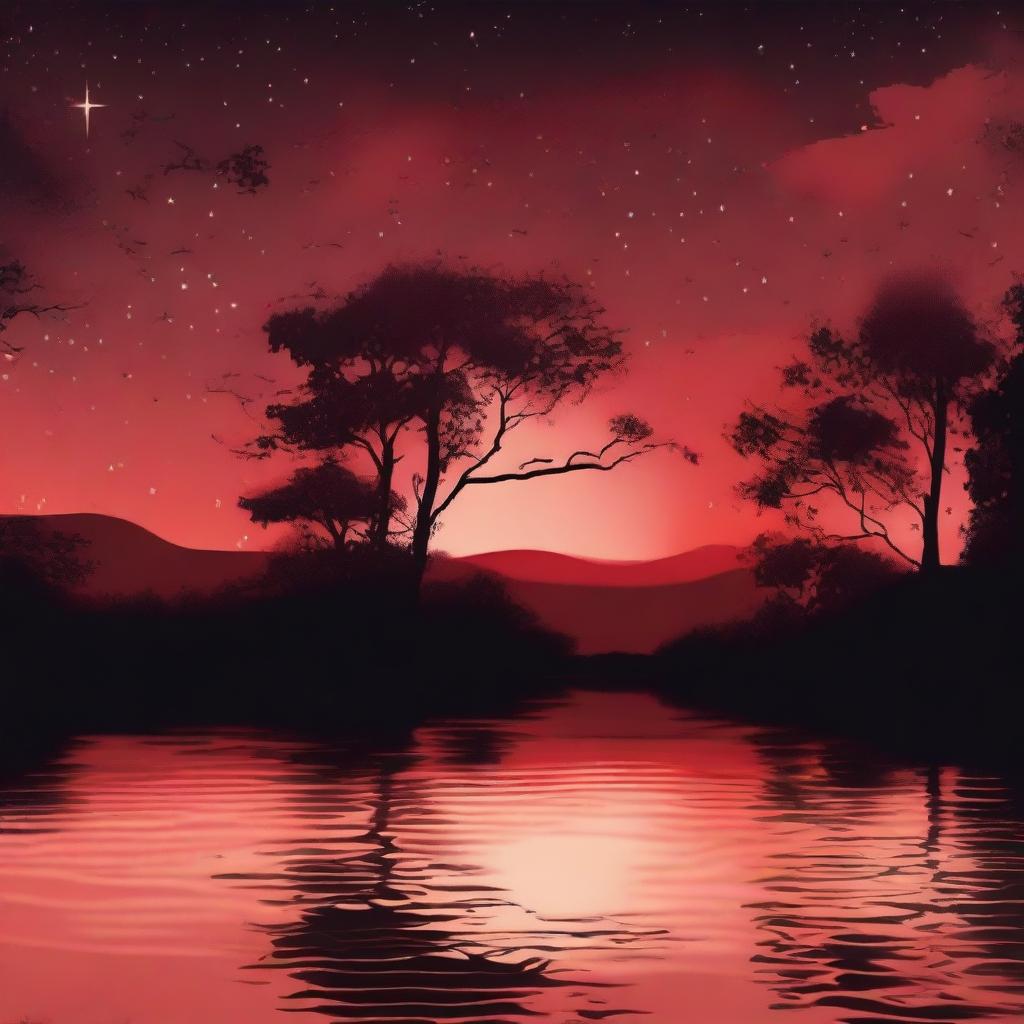 A serene night scene titled 'El silencio de la noche roja,' featuring a tranquil red-hued sky, a calm body of water reflecting the night sky, and silhouettes of trees in the background