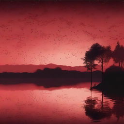 A serene night scene titled 'El silencio de la noche roja,' featuring a tranquil red-hued sky, a calm body of water reflecting the night sky, and silhouettes of trees in the background