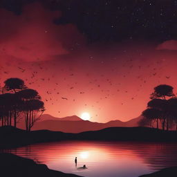 A serene night scene titled 'El silencio de la noche roja,' featuring a tranquil red-hued sky, a calm body of water reflecting the night sky, and silhouettes of trees in the background