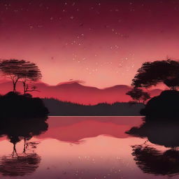 A serene night scene titled 'El silencio de la noche roja,' featuring a tranquil red-hued sky, a calm body of water reflecting the night sky, and silhouettes of trees in the background