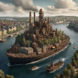 A creative visualization of Sweden with a steampunk influence; Stockholm cityscape adorned with grand, intricate machinery, forests inhabited by mechanical wildlife, and the breathtaking archipelago serviced by steam-powered boats.