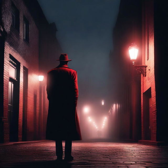 A noir-style detective scene featuring a mysterious figure in a red night setting