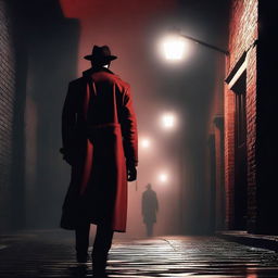 A noir-style detective scene featuring a mysterious figure in a red night setting