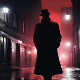 A noir-style detective scene featuring a mysterious figure in a red night setting