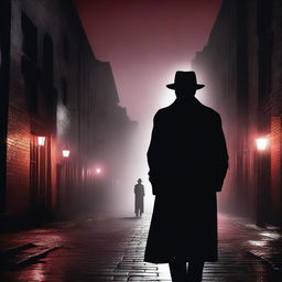 A noir-style detective scene featuring a mysterious figure in a red night setting